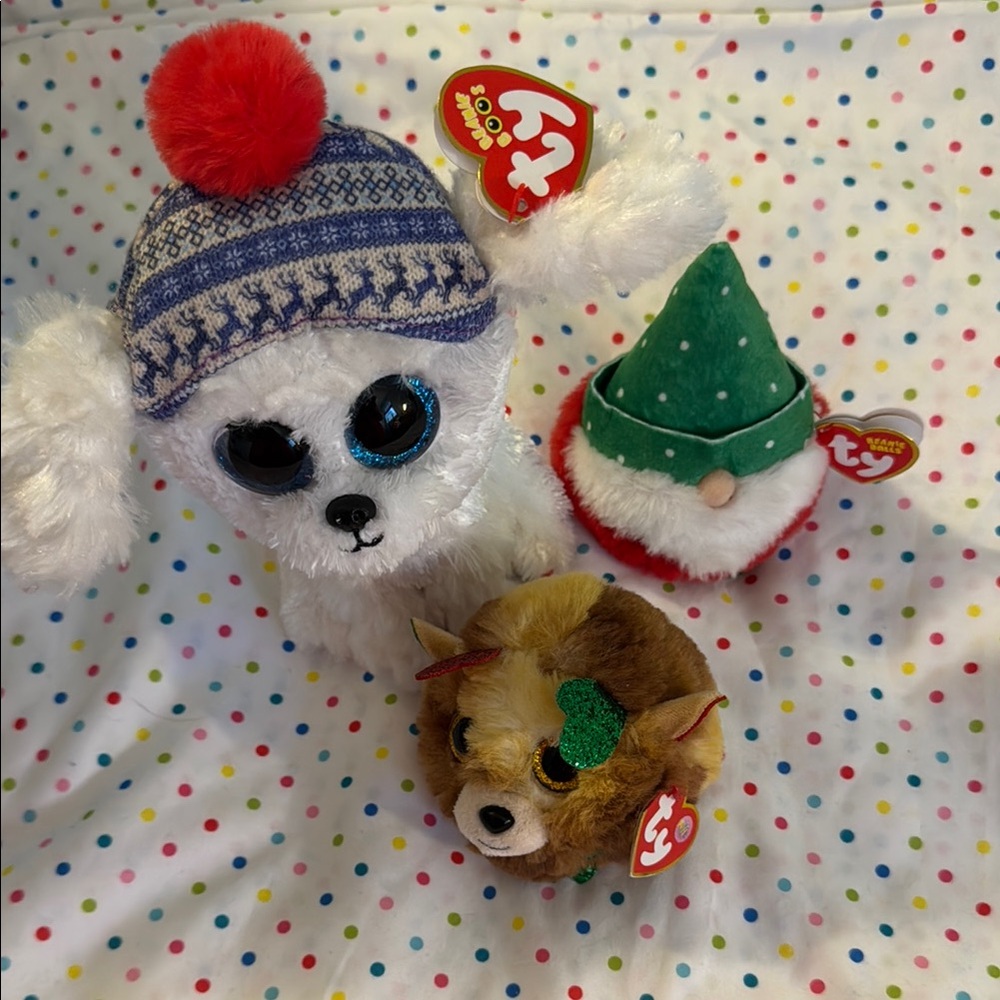 TY Beanie Babies Trio: Dog, Gnome, and Reindeer